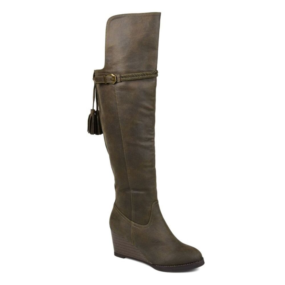 JOURNEE COLLECTION Womens Green Braided Tasseled Jezebel Wedge Riding Boot 7